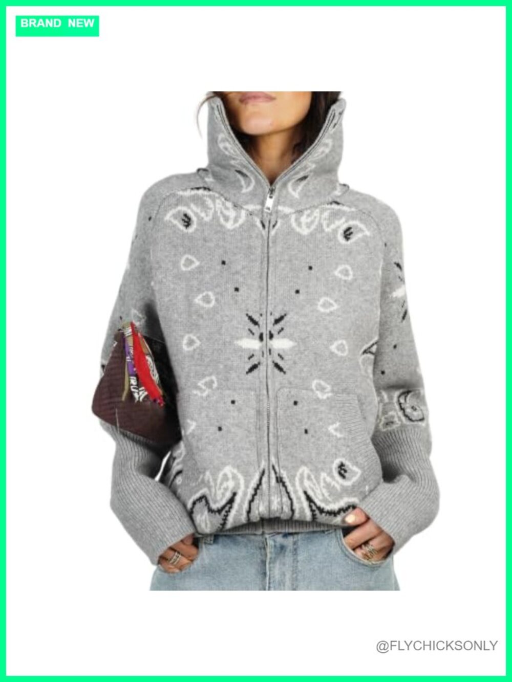 Women's Zip Up Knit Cardigan with Pattern, Stand Collar, Side Pockets, Loose Fit